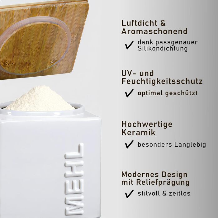 Герметичний контейнер для зберігання борошна 1 кг - Керамічний контейнер для борошна, включаючи бамбукову мірну ложку - Бамбукова кришка для тривалого зберігання - Квадратний та компактний, що штабелюється, колір борошна білий