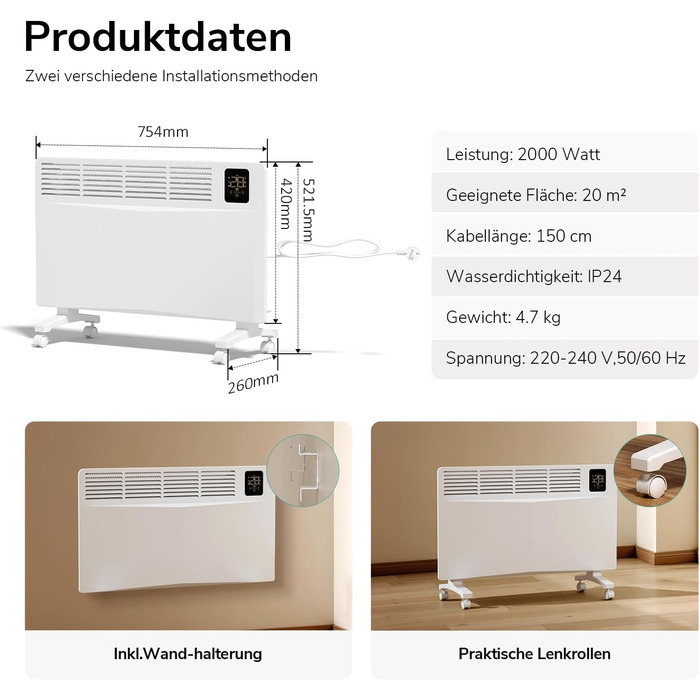 Енергозберігаючий електричний обігрівач EMKE 2000 Вт, розумний електричний конвекторний обігрівач з Wi-Fi та керуванням через додаток, електричний радіатор, окремостоячий або настінний, білий