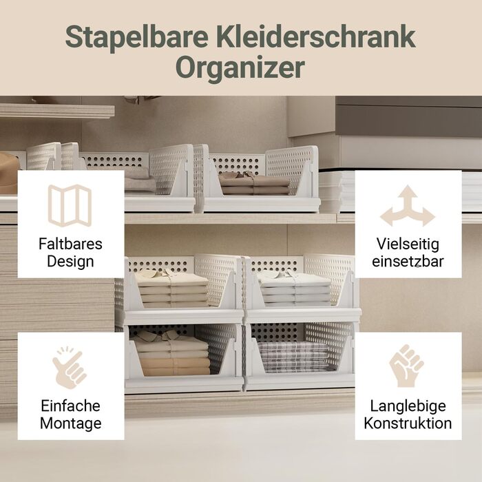 Набір органайзерів для гардеробу з 3 шт. (складані та штабелюються) коробки-органайзери для гардеробу, компактні пластикові коробки для зберігання підходять для гардеробних, ванних кімнат, кухонь та офісів білі