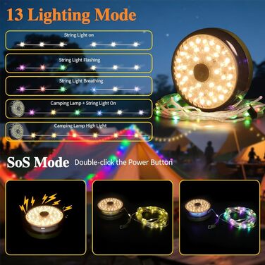 М кемпінгові гірлянди, висувні кемпінгові гірлянди, 4000 мАг та 13 режимів освітлення, портативні акумуляторні світлодіодні гірлянди 4-в-1, портативне освітлення для кемпінгу на відкритому повітрі, 10