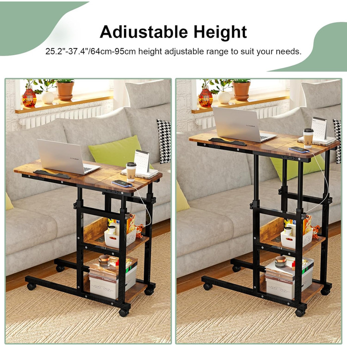 Журнальний столик на колесах, 80 см x 40 см, столик для ноутбука з розеткою та портом USB-C, регульована висота, дерев&39яний стіл, журнальний столик, тумбочка, спальня, вітальня, вінтажний вигляд дерева, колір вінтажного дерева
