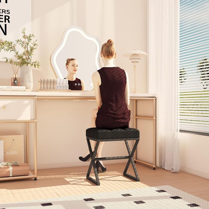 Туалетний стілець YMYNY, пуф для ніг, лляне сидіння, макіяжний стілець з металевими ніжками у формі X, для туалетного столика, вітальні, спальні, передпокою, коридору 403046 см чорний HBD033B