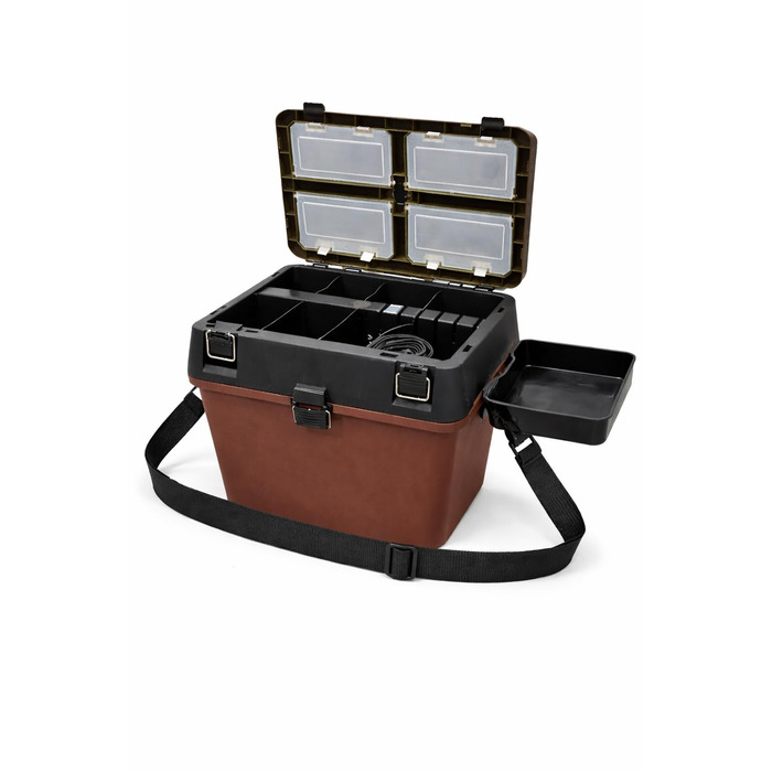 Скринька для рибальських снастей з функцією сидіння, боковим відділенням та ремінцем для перенесення, скринька для рибальських снастей з відділеннями-органайзерами, скринька для рибальських снастей, скринька з сидінням, скринька для снастей, рибальська су