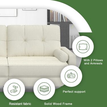 Місний диван, невелика кушетка з 2 подушками та підлокітниками, лляний диван у стилі середини століття для вітальні, спальні, бежевий кремовий колір, 2-