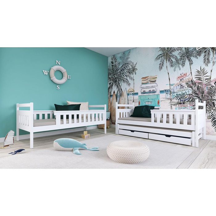 Дитяче колективне ліжко-горище 90x200 з висувним ліжком Двоярусне ліжко з висувною функцією, дві шухляди, решітчастий каркас, захи