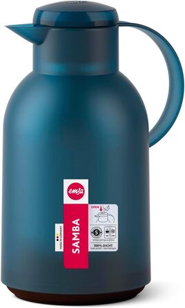Ізольований глечик Emsa Samba, місткість 1,5 літра, застібка Quick Press, 100 герметичний, зберігає напої гарячими протягом 12 годин і холодними протягом 24 годин, зі скляною підкладкою, зроблено в Німеччині, напівпрозорий/океанський блакитний, N4012000 1