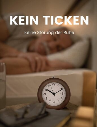 ВищеГодинник будильник аналоговий без цокання, будильник дерев'яний з дрімотою, тумбочка-годинник з нічником, ретро-будильник аналоговий на батарейках (потрібна батарея 1*AA - натуральне дерево світло-коричневого кольору (круглий, коричневий)