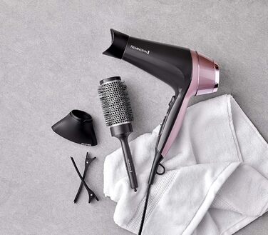 Фен для волосся Remington Curl-Straight з іонізацією (2200 Вт, 3 насадки конічна, для локонів та дифузор, кругла щітка 45 мм, затискачі, 3 рівні температури та 2 рівні обдуву) D5707, чорний