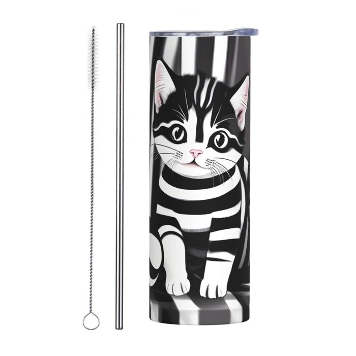 Кухоль з прямою трубочкою, 590 мл, чорно-білий смугастий принт кошенят, дорожній кухоль, підходить для кемпінгу, офісу та дому
