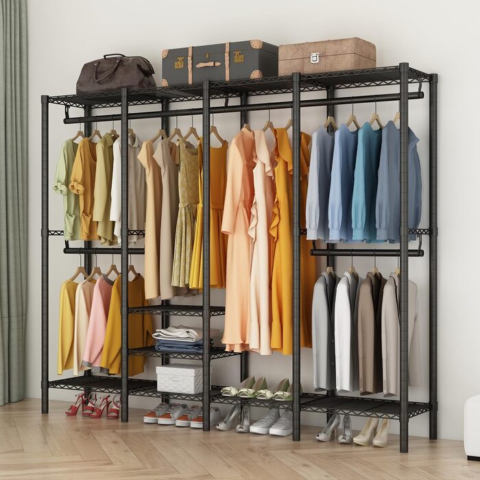 Вішалка для одягу KZOBYD, шафа-тумба з 6 полицями, що регулюються по висоті, штанга для одягу з 4 відділеннями для вішалок, багато місця, для спальні, вітальні (чорна)