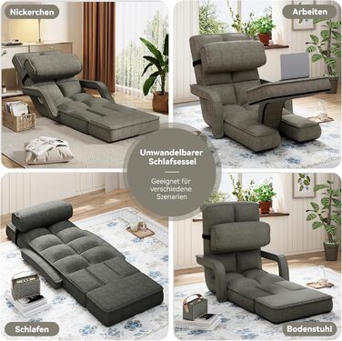 Регульоване підлогове крісло UNIONLINE, складне, з підлокітниками, ігрове крісло з подушкою та підставкою для ніг, одне крісло, ліжко для спальні, дому, офісу, темно-сіре