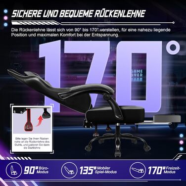 Ергономічне ігрове крісло з підставкою для ніг, ігрове офісне крісло з вантажопідйомністю 150 кг, ігрове крісло зі штучної шкіри, регульоване по висоті ігрове крісло для підлітків та дорослих, сірий колір