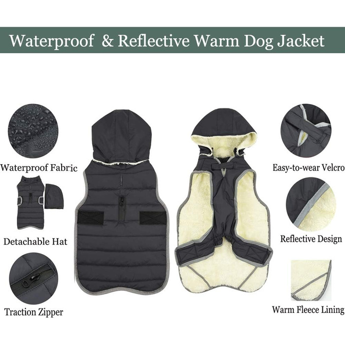 Зимова куртка для собак зі знімним капюшоном, водонепроникна та світловідбиваюча куртка для собак, тепла флісова куртка з капюшоном для цуценят, куртки для маленьких, середніх та великих собак, чорна, M.