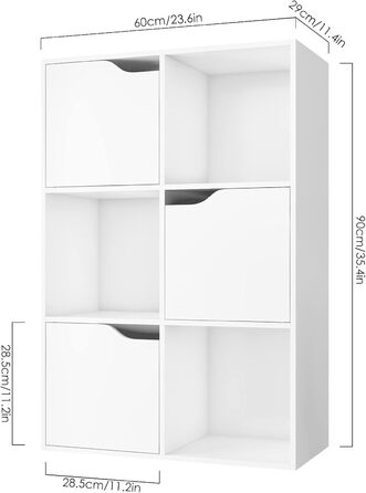 Книжкова полиця FirFurd, біла полиця, книжкова шафа з 3 дверцятами, полиця для зберігання з 6 відділеннями, офісна полиця для вітальні, кабінету, дитячої кімнати, 60 x 29 x 90 см