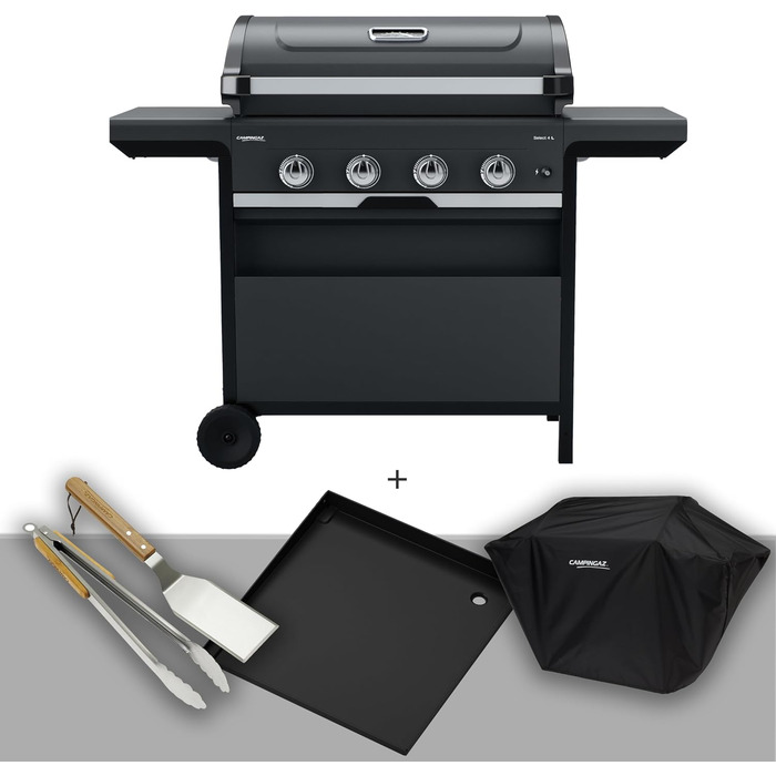 Газовий гриль Campingaz 4 Series Select L Grillset з додатковою решіткою, чохлом та набором аксесуарів, 4 сталеві пальники, термометр на кришці, система InstaClean, потужність 12 кВт