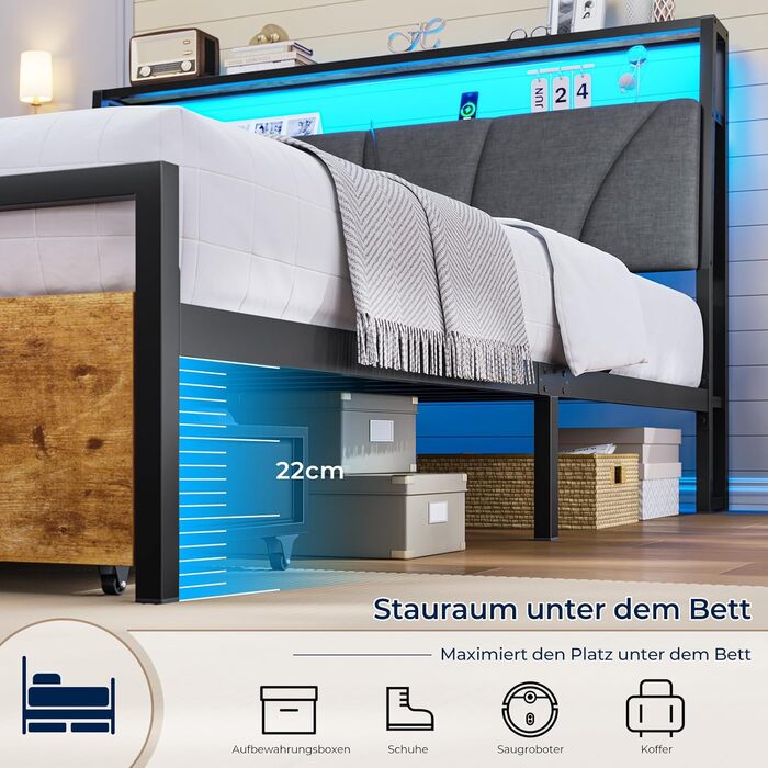 Ліжко 140x200 з металевою рейковою основою, каркас ліжка 140x200 см зі світлодіодним освітленням та зарядною станцією (2 розетки змінного струму та 2 порти USB), дитяче ліжко, двоспальне ліжко з 2 великими шухлядами, сірий колір, 140x200 см