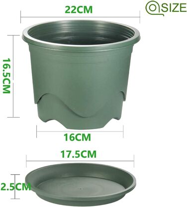 Набір із 6 пластикових горщиків для рослин KAHEIGN, квіткові горщики 22 см з блюдцями, пластикові горщики для розсади, горщики для трав, декоративні для використання в приміщенні та на вулиці (зелені)
