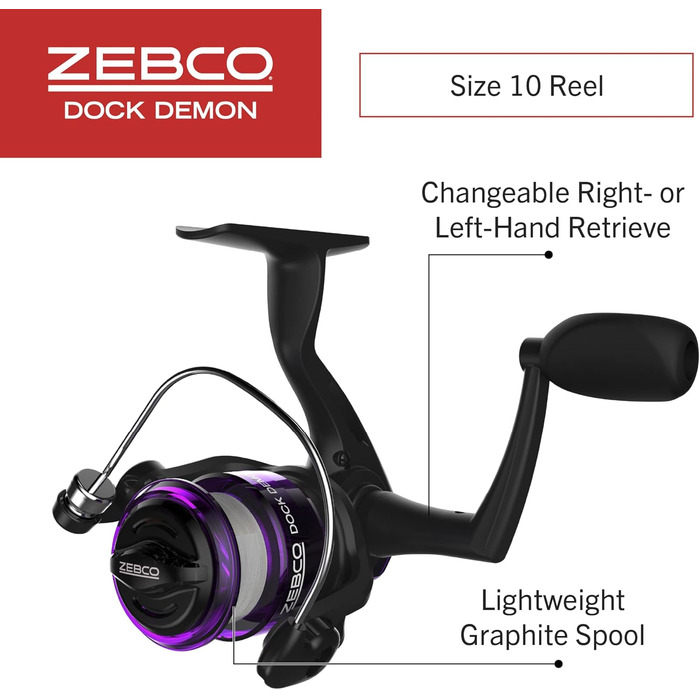 Котушка для спінінгу Zebco Dock Demon або Spincast та вудка, міцне скловолокно 76,2 см, комбінована котушка для спінінгу Quickset Anti-Reverse - фіолетова