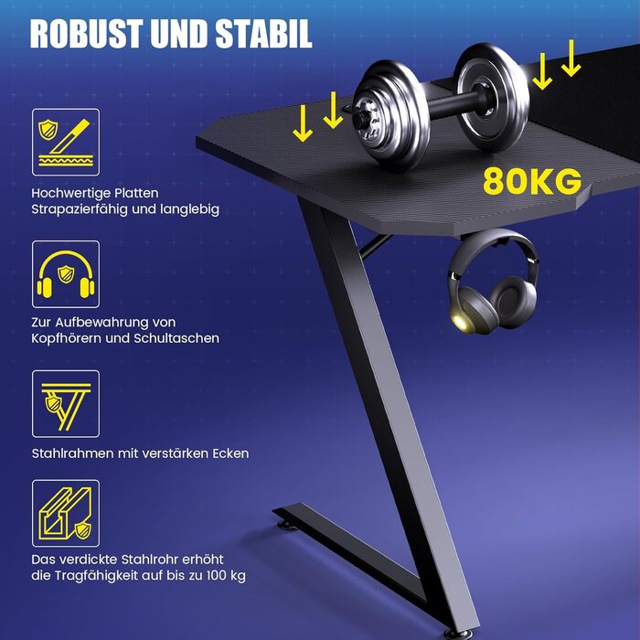 Ігровий стіл GTPLAYER, Ігровий стіл 120 x 60, ПК, ігровий стіл з розеткою, міцний комп&39ютерний стіл з гачком для навушників та штекером