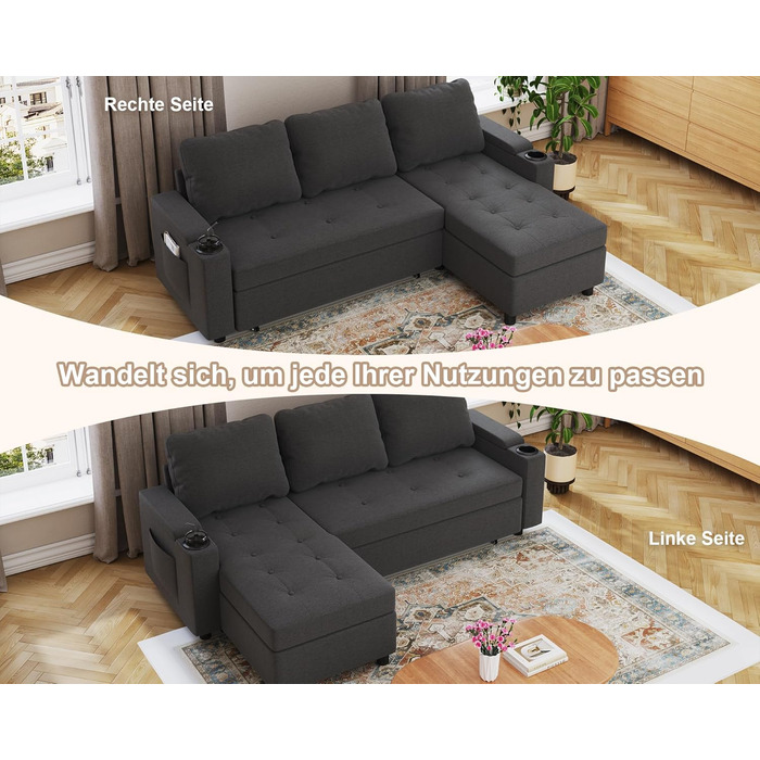 Кутовий диван Devoko зі сном та ящиком для зберігання речей, L-подібний диван, 3-місний розкладний диван-ліжко, лляна кушетка, невеликий розкладний диван для квартири та вітальні, темно-сірий, 200 см - L темно-сірий