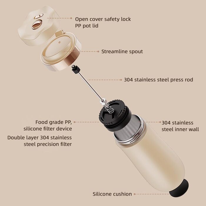 Дорожня кружка френч-прес Tidyard, портативна кавова дорожня кружка на 320 мл, кавоварка з нержавіючої сталі з подвійною ізоляцією для меленої кави та чайного листя на ходу Слонова кістка