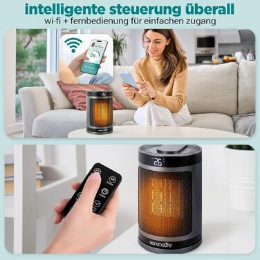 Керамічний обігрівач SereneLife 1500W PTC, безшумний та енергоощадний, WiFi термостат з пультом керування, осциляція 70, сірий