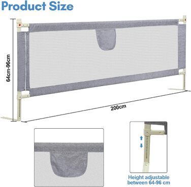 Бортики для ліжка, захист від падіння, 2 x 200 см 1 x 180 см, регульовані по висоті дитячі бортики для ліжка 64-96 см, захисні бортики для ліжок малюків, бортики для дитячого ліжка з повітропроникною сіткою - сірі, 2 x 200 см 1 x 180 см