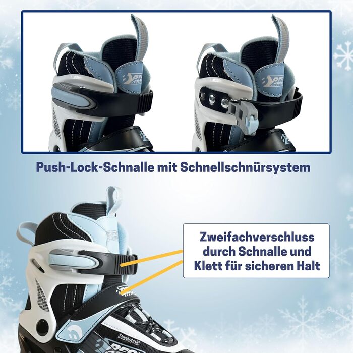 Найкращі спортивні ковзани для дітей, жінок та чоловіків Ковзани з регулюванням у 4 напрямках для дітей Ковзани Softboot - водонепроникні та теплоізолюючі з пряжкою Push-Lock, чорні/сині, розміри 30-33