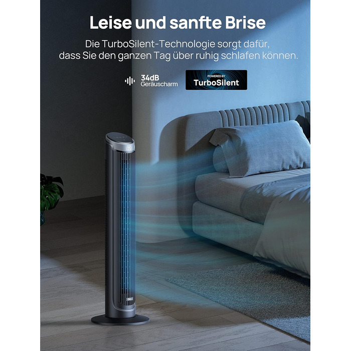 Тихий баштовий вентилятор Dreo 28 дБ, пульт дистанційного керування охолодження 5-швидкісний 4 режими 12-годинний таймер, коливаль