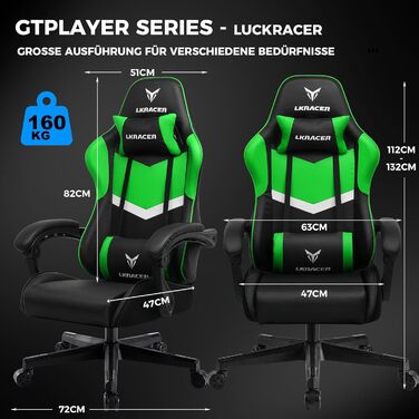 Ігрове крісло GTPLAYER, офісне крісло, масажне ігрове крісло, ергономічне ігрове крісло, підголівник, масажна подушка для попереку, м&39яке ігрове крісло, обертове крісло, 150 кг, зелене