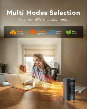 Енергозберігаючий електричний обігрівач, керамічний нагрівальний елемент PTC потужністю 1500 Вт, 4 режими, портативний обігрівач з термостатом, захист від перегріву та перекидання, 8-годинний таймер, для використання в приміщенні, чорний