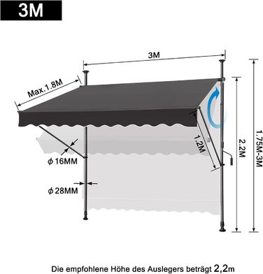 Тент, тент із затискачем, балконний сонцезахисний тент, висувний, регульований вручну за допомогою ручної ручки, стійкий до ультрафіолету, сонцезахист, 100 поліестер, для внутрішніх дворів, балконів, ресторанів, кафе, темно-сірий, 300 x 120 см