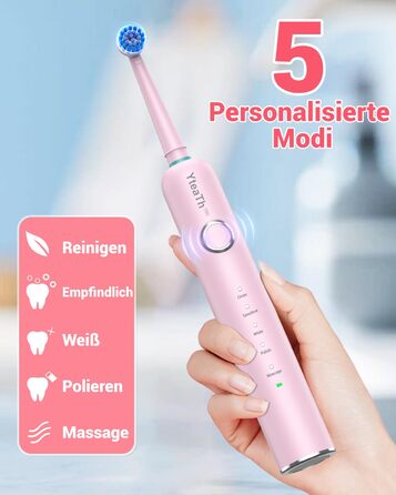 Обертова електрична зубна щітка для дорослих та дітей з 8 насадками, електрична зубна щітка з настінним тримачем та зарядною станцією, 5 режимів чищення та дорожній футляр, 60 днів роботи від акумулятора (Рожева)