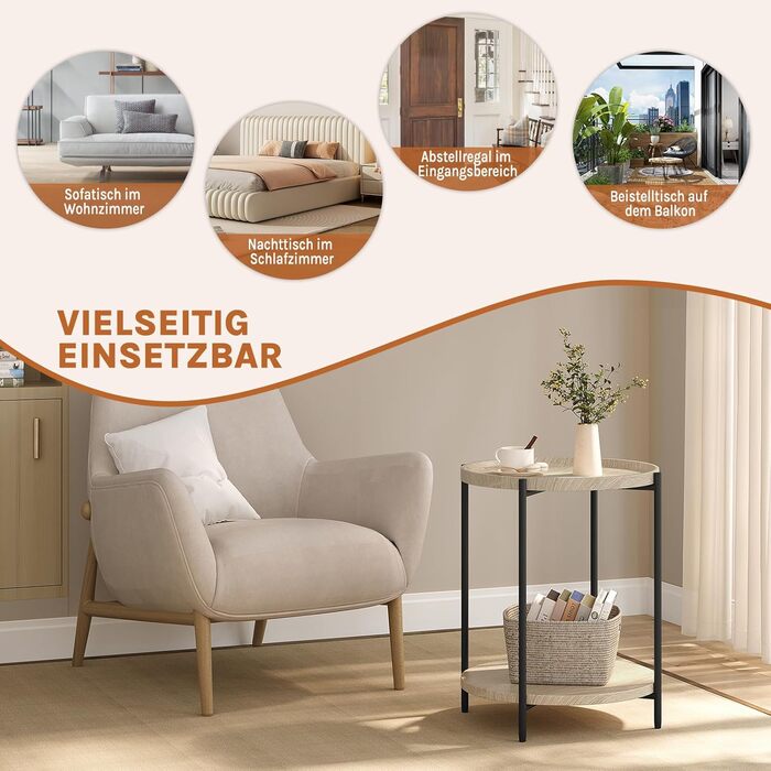 Круглий журнальний столик WOLTU, бічний столик з 2 полицями, стіл для вітальні зі знімною стільницею, тумбочка, столик для дивана, телефонний столик для вітальні та спальні, виготовлений з МДФ та металу, світлий дуб, BTS06hei