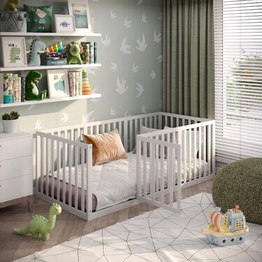 Дитяче ліжко CADANI Teso 90x200 см Ліжко-ліжко Монтессорі з дверцятами та захистом від падіння, 6 варіантів складання, масив сосни білого кольору, можна використовувати як манеж, вкл. рейкову основу 90 x 200 см білого кольору з дверцятами