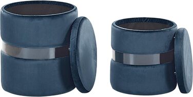 Пуф Beliani з місцем для зберігання, круглий, оксамитовий, синій, металевий, комплект з 2 шт., гламурний вигляд, табурети Doris