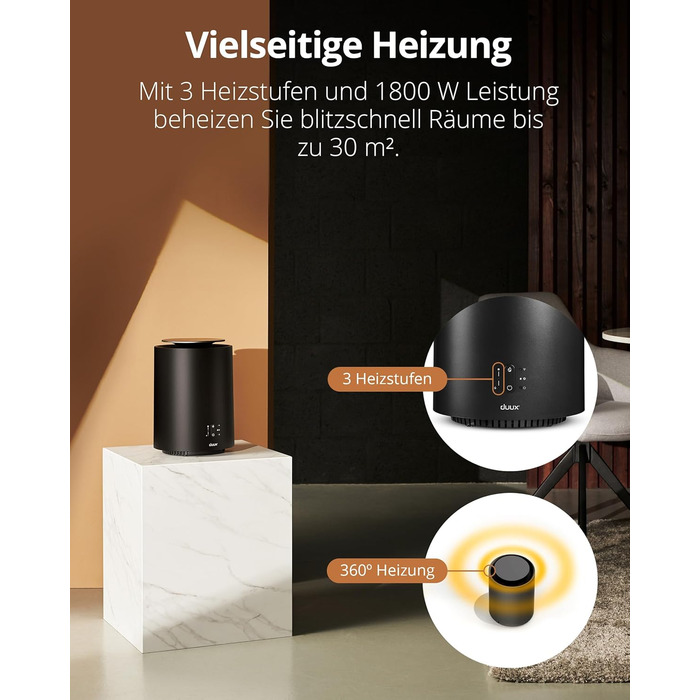 Розумний керамічний вентилятор-обігрівач Duux Threesixty 2 - Тихий - Електричний обігрівач на 360 з потужністю 1800 Вт та 3 рівнями потужності - Енергозберігаючий вентилятор-обігрівач з інтелектуальним керуванням - Чорний