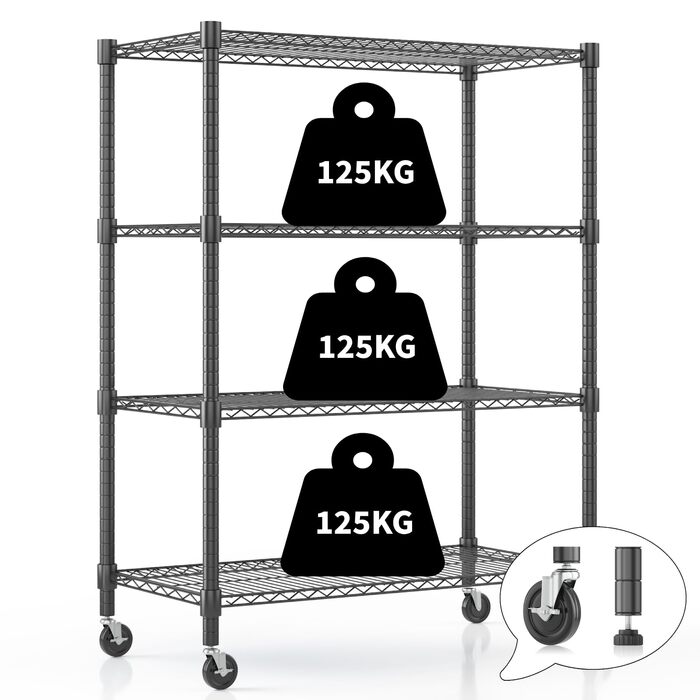 Рівнева дротяна полиця Himimi з колесами та ніжками, регульована по висоті, металева полиця для зберігання для кухні, ванної кімнати, спальні, вітальні, вантажопідйомність 500 кг, 90 * 45 * 183 см, чорна, 4-