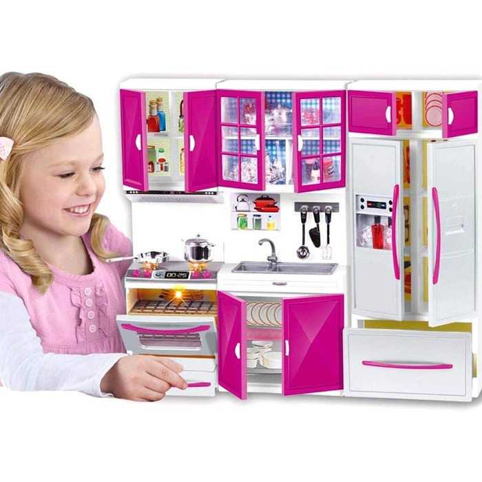 Іграшкові меблі для лялькової кухні, ляльковий будиночок для дітей, реалістичне світло та звуки з робочою варильною поверхнею, духовкою, раковиною, дверцятами холодильника та безліччю аксесуарів, іграшка 40 x 30 см