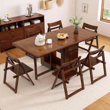 Розкладний стіл, компактний, багатофункціональний кухонний/обідній стіл, розсувний з масиву дерева та колесами, що обертаються на 360, для 2-8 осіб у невеликих квартирах. Розкладний обідній стіл, горіх (150 см).