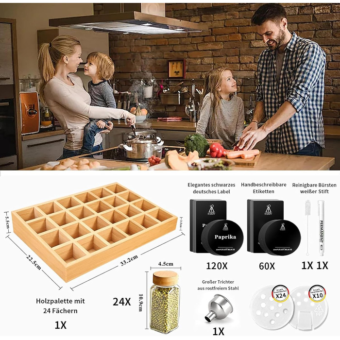 Натуральна бамбукова підставка для спецій з банками, набір шаф для спецій з 24 квадратними банками для спецій, бамбукова підставка для спецій, що підходить для охайної та організованої кухні, натуральний бамбук, 24 квадратні банки