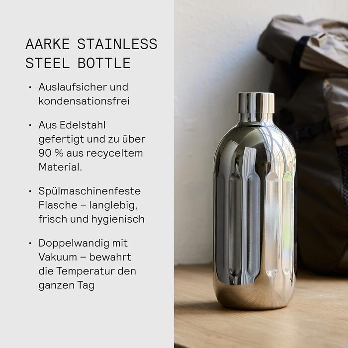 Пляшка для води Aarke To-Go з нержавіючої сталі для негазованих та газованих напоїв, сумісна з Carbonator Pro, з подвійними стінками та вакуумною ізоляцією, герметична та придатна для миття в посудомийній машині, 800 мл