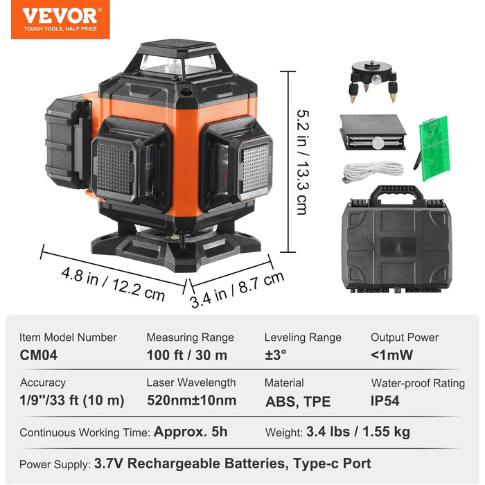 Поперечний лінійний лазер VEVOR 30м лазерне нівелювання самовирівнюючий лінійний лазер 520нм10нм довжина хвилі лазера будівельний лазер 0,28см на 10м поперечний лазер 3 пило- та водонепроникний в т.ч. літієва батарея тип С кабель