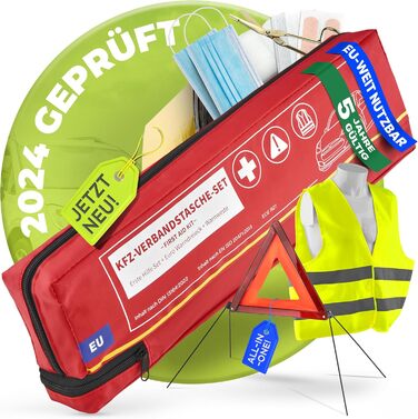 Автомобільна аптечка з попереджувальним трикутником та захисним жилетом до 2029 року відповідає вимогам ЄС згідно з DIN 131642022