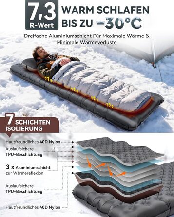 Килимок для кемпінгу HIKENTURE, R-значення 7.3, з ножним насосом, надтовстий килимок для сну 10 см, 210x64 см, теплий килимок для сну/надувний матрац, невеликий розмір у упаковці, 4 сезони для активного відпочинку, походів, наметів