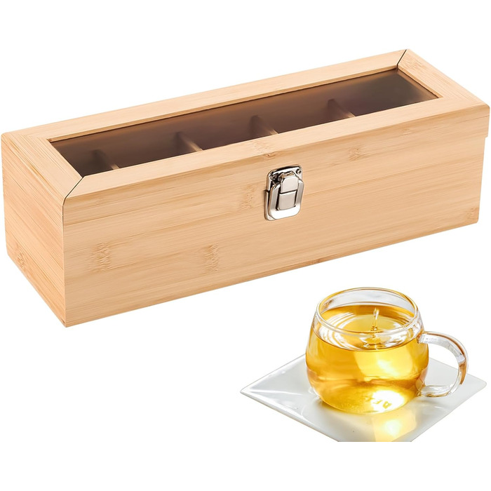 Чайна коробка, чайні коробки для чайних пакетиків, коробка для зберігання чайних пакетиків з 4 регульованими відділеннями та оглядовим віконцем, дерев&39яна чайна коробка, коробки для зберігання чаю з кришкою, 9x30x10 см