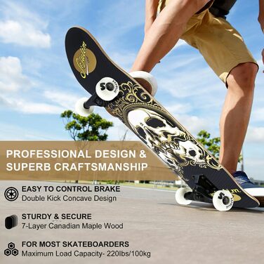 Скейтборд для дорослих повна дошка 31 x 8 дюймів з кульковими підшипниками ABEC-7 7-шаровий клен для початківців дітей та дорослих