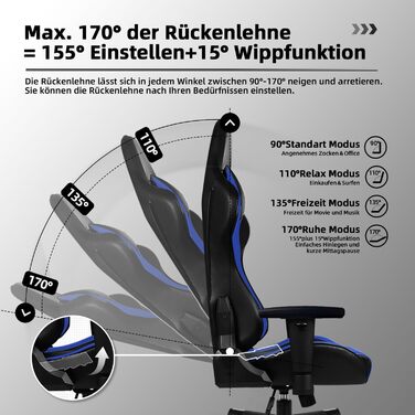 Геймерське крісло, ігрове крісло з функцією гойдання до 170, геймерське крісло з регульованою поперековою подушкою, підголівником та підлокітниками, офісне крісло зі зручними подушками сидіння, ігрове крісло вантажопідйомністю 150 кг