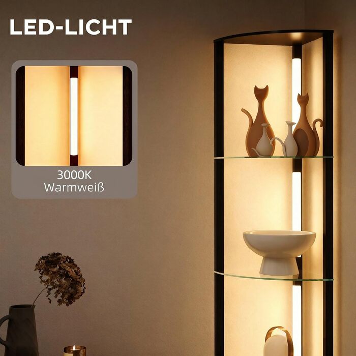 Стійка LED-лампа HOMCOM з скляною полицею, 3 рівні яскравості, ножний вимикач, чорна