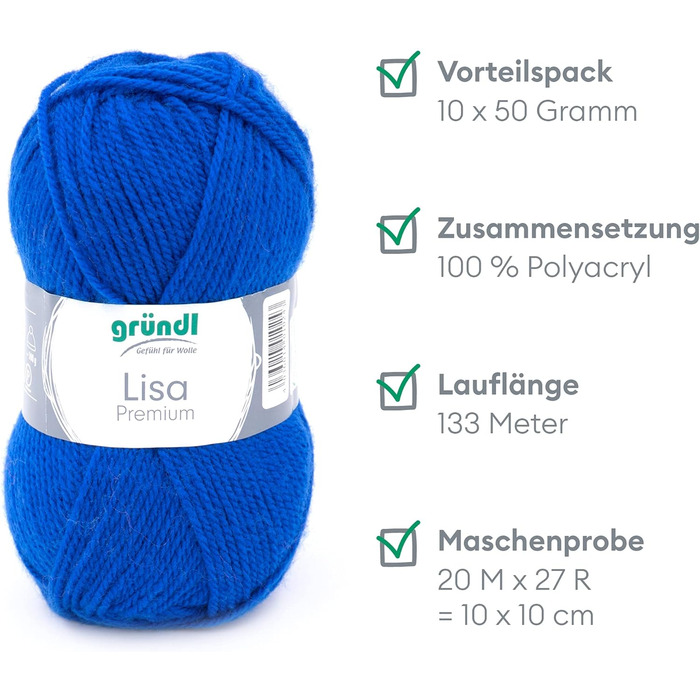 Пряжа Grndl Lisa Premium Uni Knitting & Chet Yarn (м'яка і вовняна характер, проста в догляді миюча пряжа з 100 поліакрилу, 50 г/ 133 м, розмір голки 3,5 - 4,5, 10 клубків по 50 г кожен), (королівський синій)